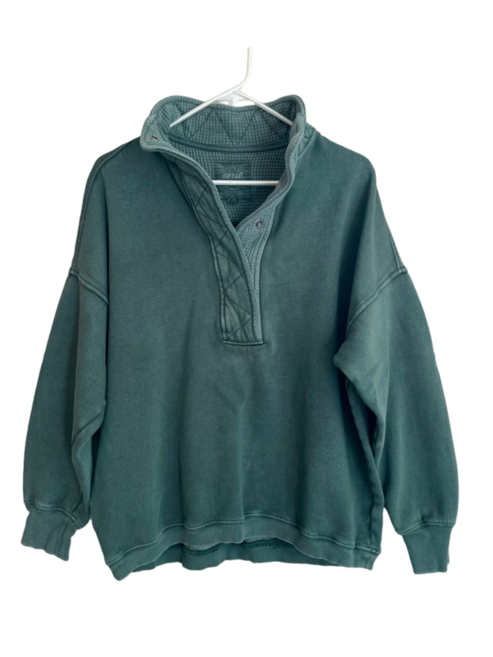 Aerie Oh Snap Sweatshirt Women Small Green Oversized Snap Collar Fleece Pullover